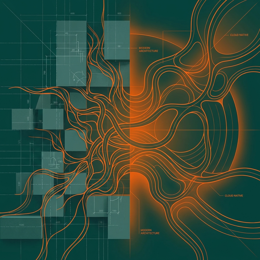 Abstract transformation visualization showing legacy to modern architecture migration in enterprise insurance