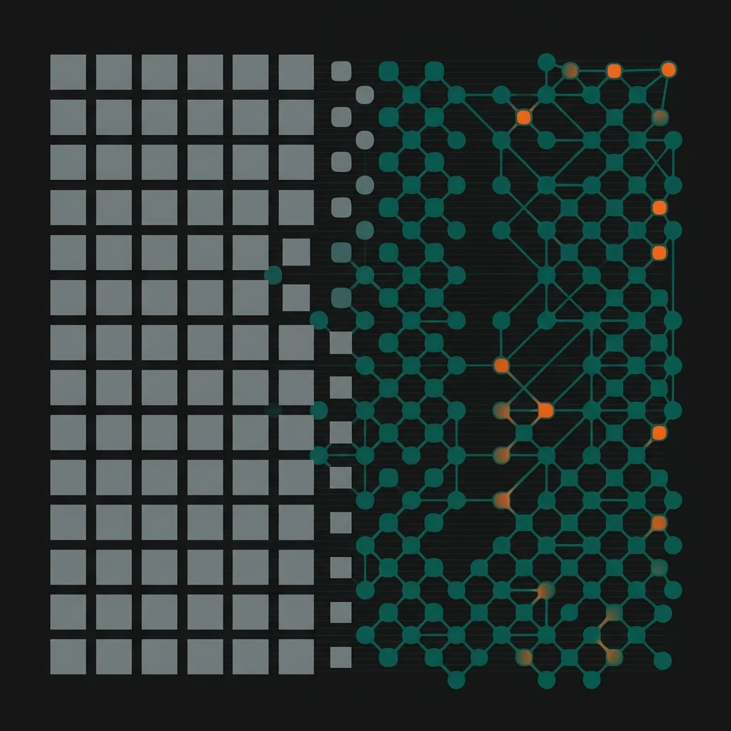 Abstract transformation visualization showing legacy to modern architecture migration in enterprise insurance