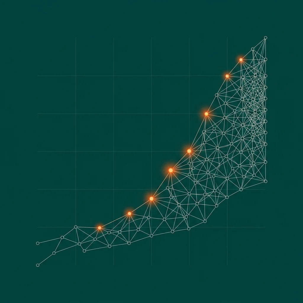 Abstract visualization of engineering team growth from 15 to 60+ engineers with healthcare technology undertones