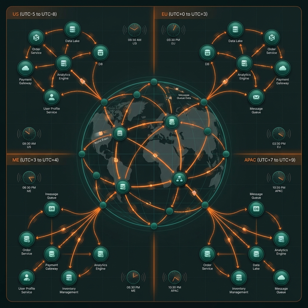 Remote Operating System diagram showing distributed team network with timezone nodes connected through central documentation hub