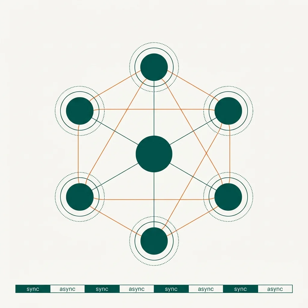Remote Operating System diagram showing distributed team network with timezone nodes connected through central documentation hub