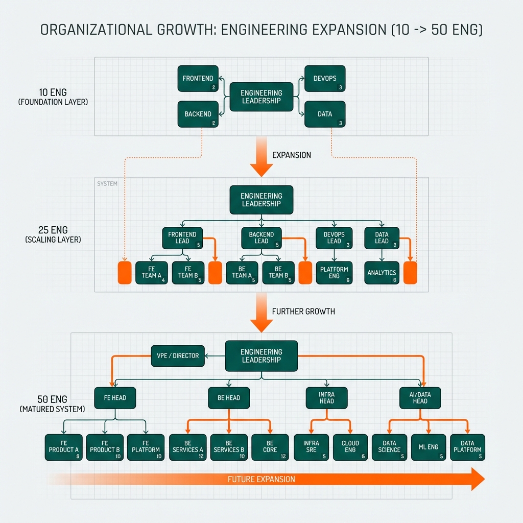 Scaling Architecture diagram showing engineering team growth layers from 10 to 50+ engineers with organizational structure patterns