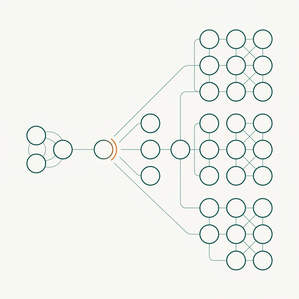 Scaling Architecture diagram showing engineering team growth layers from 10 to 50+ engineers with organizational structure patterns