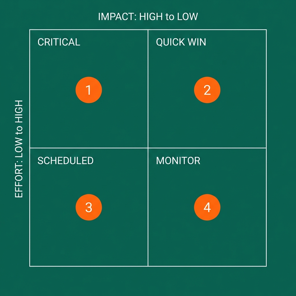 Technical Debt Triage 2x2 prioritization matrix showing four quadrants: Fix Now, Plan, Opportunistic, and Accept based on business impact and effort