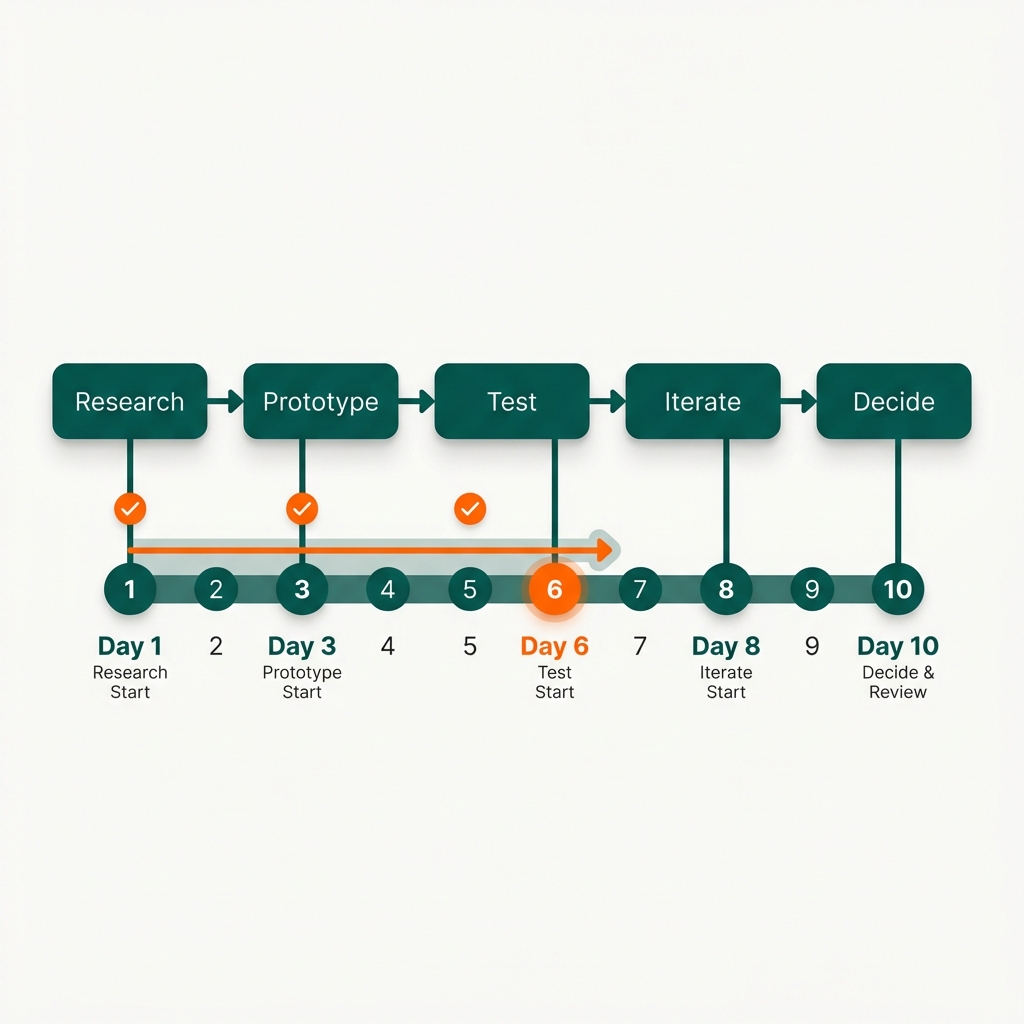 Validation Sprint 10-day timeline infographic showing three phases: Narrow (Days 1-3), Build (Days 4-7), Validate (Days 8-10)